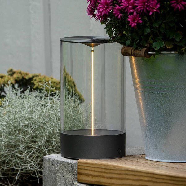 Konstsmide LED stolní lampa Edison na baterie, výška 23 cm, šedá/čirá, IP54, stmívatelný, Čirá / transparetní, Obývací pokoj / jídelna, Plast, Moderní