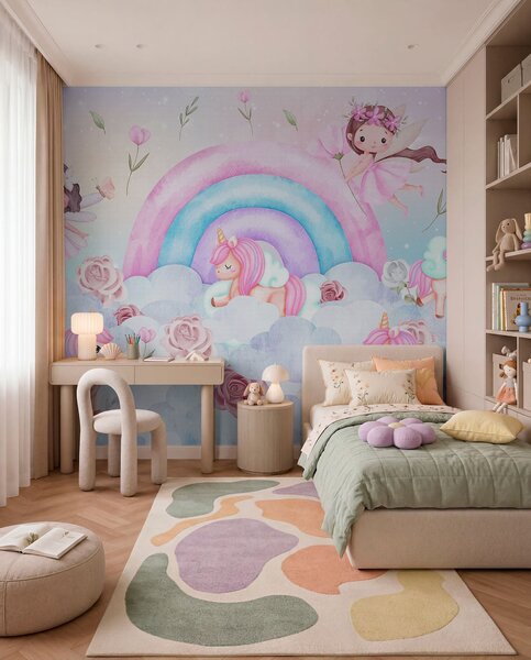 Fototapety Víly a jednorožci mezi mraky a duhou, Fototapety dětské, Fototapety Dětské Duha, w04371 : uwalls.cz