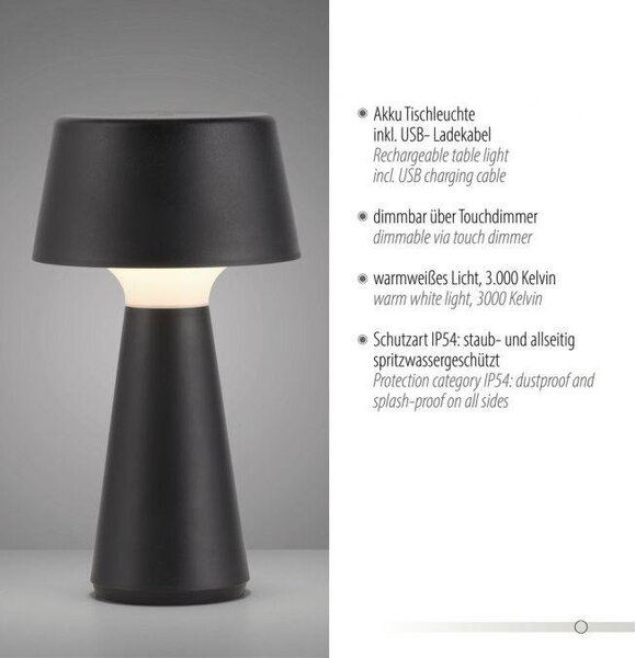 LD 19260-18 ABERA LED stolní lampa na baterie černá dotykový stmívač IP54 USB vnitřní i venkovní použití 3000K - JUST LIGHT