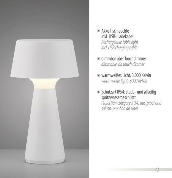 LD 19260-16 ABERA LED stolní lampa na baterie bílá dotykový stmívač IP54 USB vnitřní i venkovní použití 3000K - JUST LIGHT