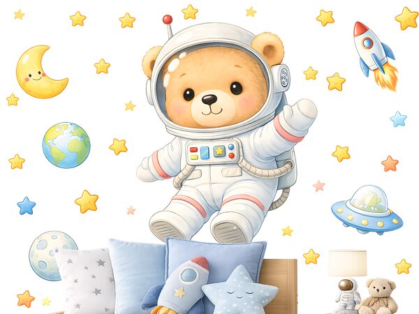 Medvídek kosmonaut textilní přelepitelné samolepky na zeď arch 46 x 42 cm