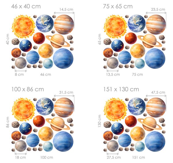 Sada planet textilní přelepitelné samolepky na zeď arch 46 x 40 cm