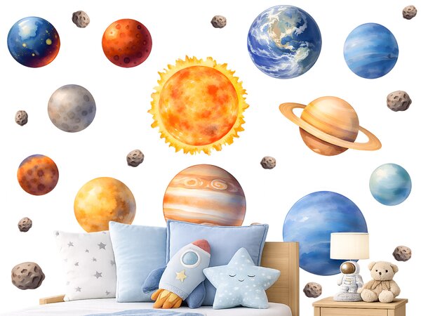 Sada planet textilní přelepitelné samolepky na zeď arch 46 x 40 cm