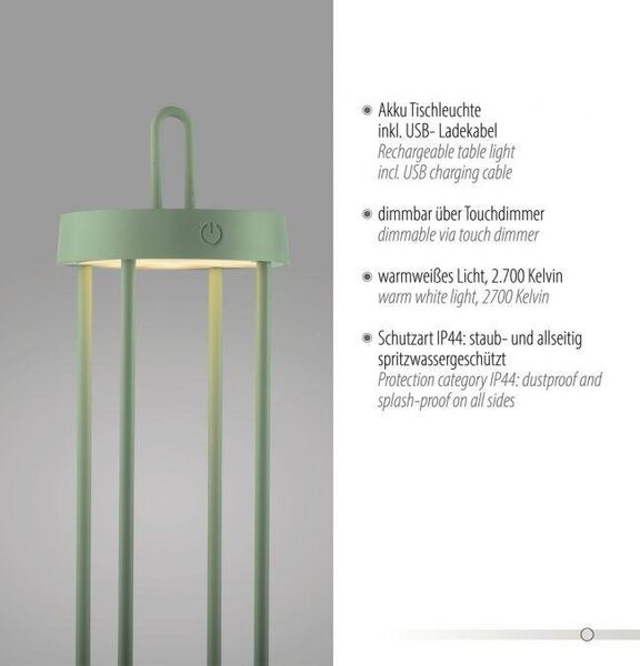 LD 19301-43 ANSELM LED stolní lampa na baterie zelená 50cm dotykový stmívač IP44 zahradní svítidlo 2700K - JUST LIGHT