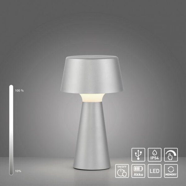 LD 19260-21 ABERA LED stolní lampa na baterie stříbrná dotykový stmívač IP54 USB vnitřní i venkovní použití 3000K - JUST LIGHT