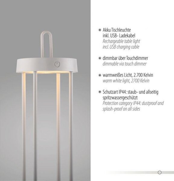 LD 19301-16 ANSELM LED stolní lampa na baterie bílá 50cm dotykový stmívač IP44 zahradní svítidlo 2700K - JUST LIGHT