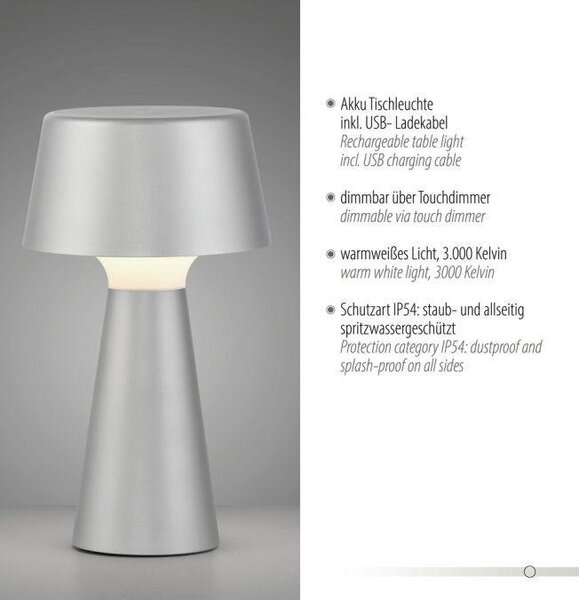 LD 19260-21 ABERA LED stolní lampa na baterie stříbrná dotykový stmívač IP54 USB vnitřní i venkovní použití 3000K - JUST LIGHT
