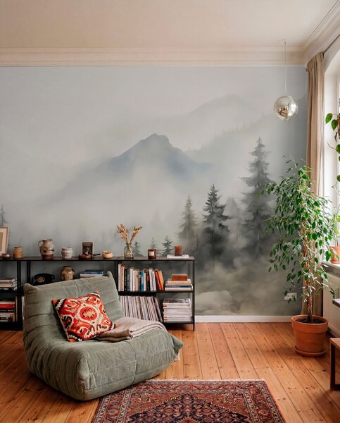 Fototapety Les v mlze na pozadí hor, Fototapety příroda, w04493 : uwalls.cz