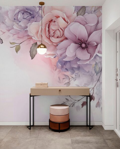 Fototapety Jemné růžové a lila květy s motýlem, Fototapety květiny, w04711 : uwalls.cz