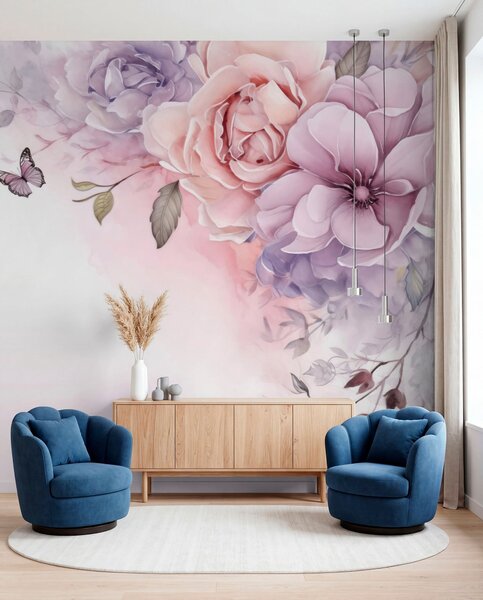 Fototapety Jemné růžové a lila květy s motýlem, Fototapety květiny, w04711 : uwalls.cz