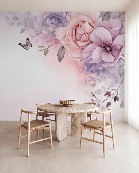 Fototapety Jemné růžové a lila květy s motýlem, Fototapety květiny, w04711 : uwalls.cz