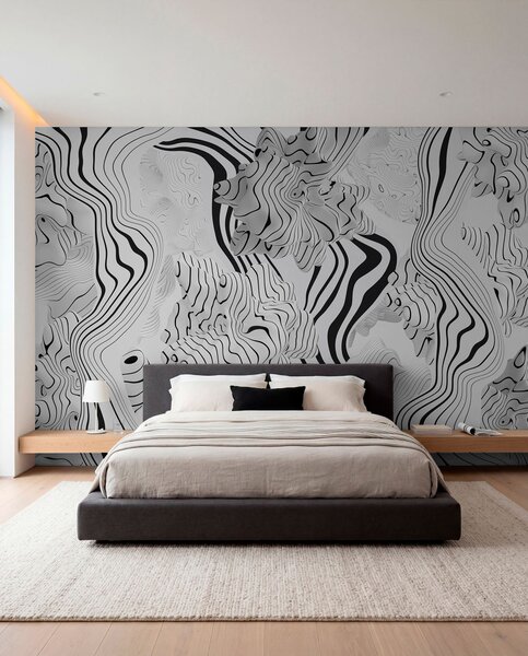 Fototapety abstraktní organické tvary ve 3D stylu v bílé a šedé barvě s černými pruhy, Fototapety černobílé, w04627 : uwalls.cz