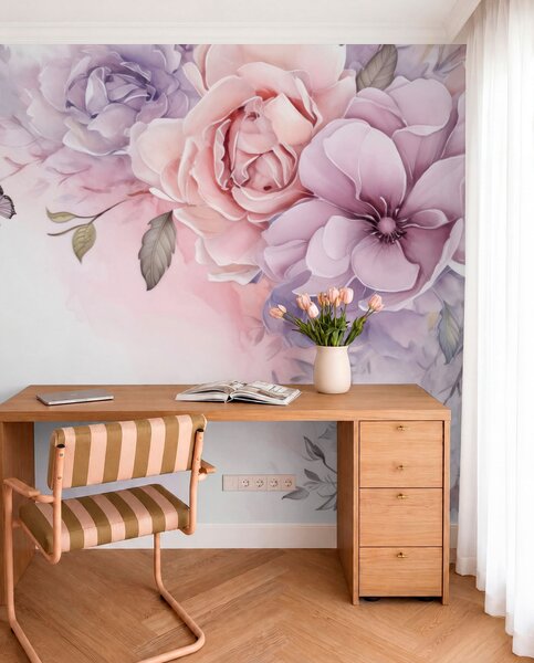 Fototapety Jemné růžové a lila květy s motýlem, Fototapety květiny, w04711 : uwalls.cz
