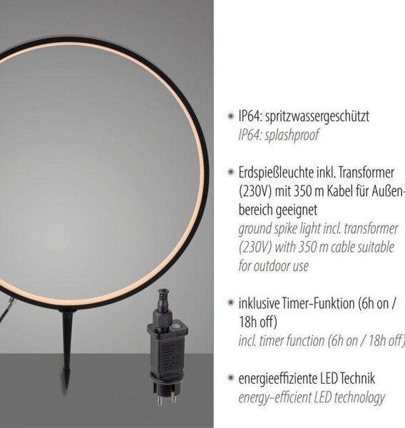 LD 19511-18 ZIRKULU LED venkovní svítidlo se zápichem průměr 50cm černá IP65 s časovačem do zahrady 3000K - JUST LIGHT