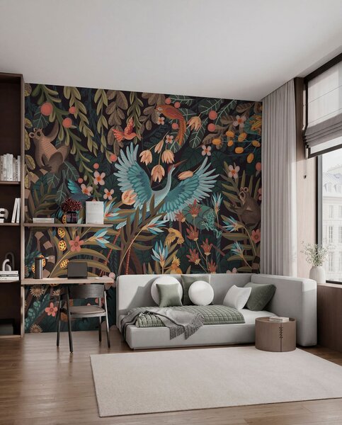 Fototapety Fantazijní scéna s ptáky a zvířaty mezi rostlinami, Tapety Unikátní, w05024 : uwalls.cz