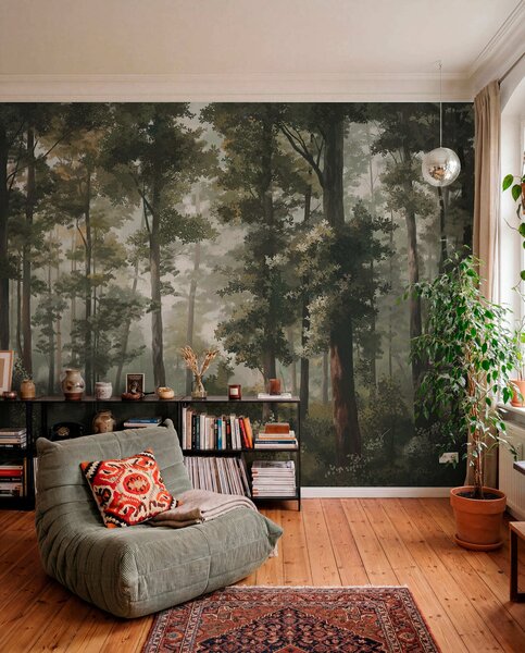 Fototapety Ilustrace lesa s mlhou, vysokými stromy a cestou, Fototapety příroda, w05089 : uwalls.cz