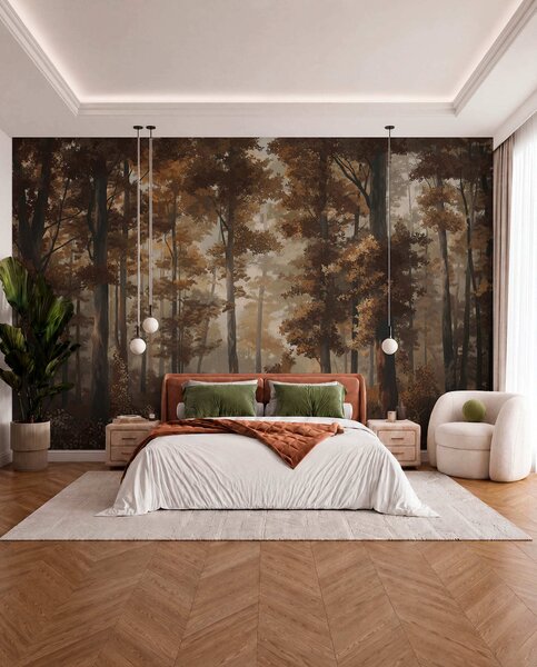 Fototapety Podzimní lesní scéna s teplým světlem a hustými stromy, Fototapety příroda, w05089v1 : uwalls.cz