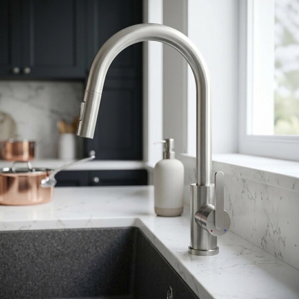 REA-B7573 - Dřezová baterie s vytahovací sprškou ONTARIO 38 cm nikl