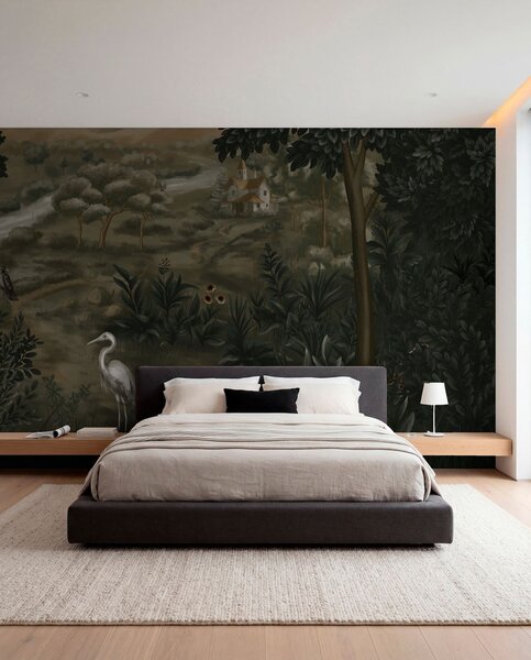 Fototapety Fantasy krajina s řekou, domem a ptáky mezi stromy, Fototapety příroda, w05090 : uwalls.cz