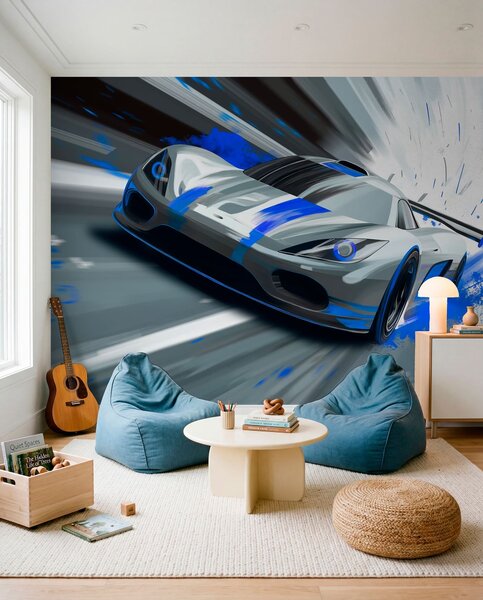 Fototapety dynamický sportovní vůz v digitálním kresebném stylu s modrými akcenty, Tapety Unikátní, w05069 : uwalls.cz