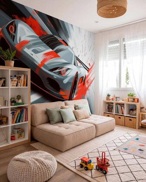 Fototapety dynamický sportovní vůz v digitálním kresebném stylu s červenými akcenty, Tapety Unikátní, w05069v1 : uwalls.cz
