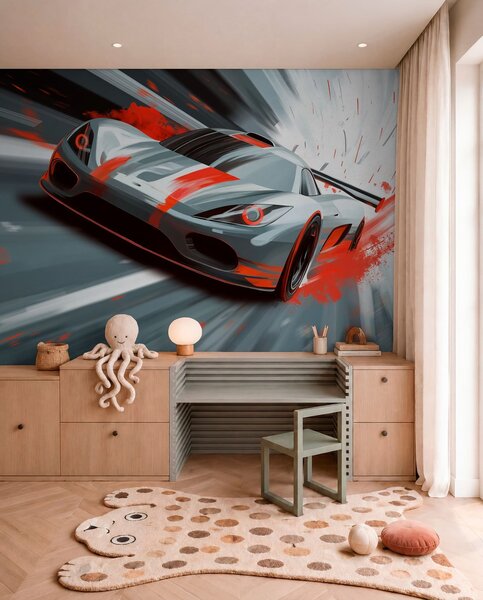 Fototapety dynamický sportovní vůz v digitálním kresebném stylu s červenými akcenty, Tapety Unikátní, w05069v1 : uwalls.cz