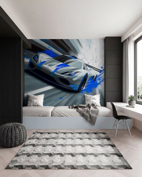 Fototapety dynamický sportovní vůz v digitálním kresebném stylu s modrými akcenty, Tapety Unikátní, w05069 : uwalls.cz