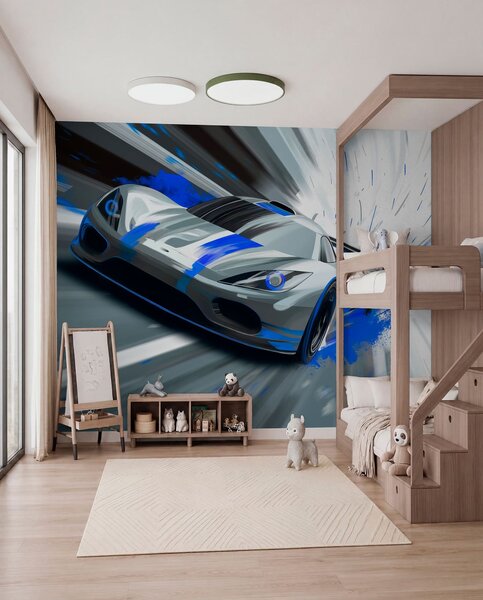 Fototapety dynamický sportovní vůz v digitálním kresebném stylu s modrými akcenty, Tapety Unikátní, w05069 : uwalls.cz