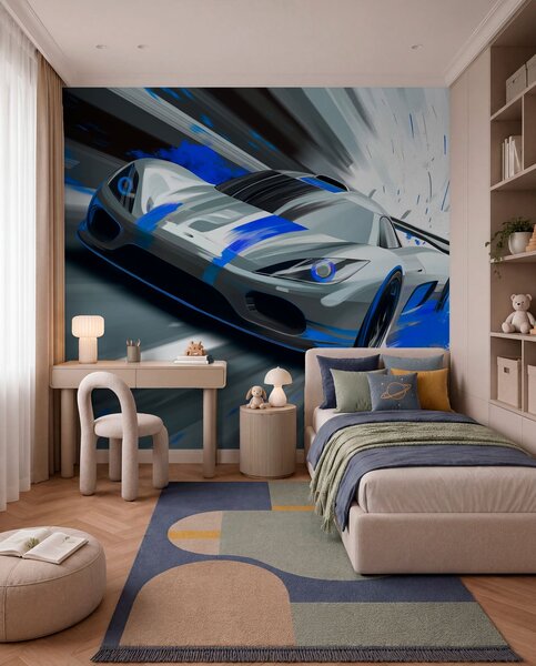 Fototapety dynamický sportovní vůz v digitálním kresebném stylu s modrými akcenty, Tapety Unikátní, w05069 : uwalls.cz