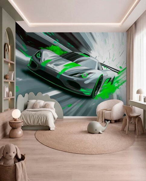 Fototapety dynamický sportovní vůz v digitálním kresebném stylu se zelenými akcenty, Tapety Unikátní, w05069v4 : uwalls.cz
