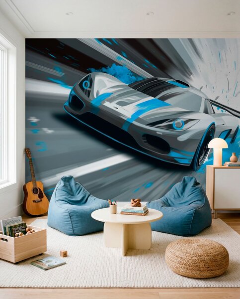Fototapety dynamický sportovní vůz v digitálním kresebném stylu s tyrkysovými akcenty, Tapety Unikátní, w05069v3 : uwalls.cz