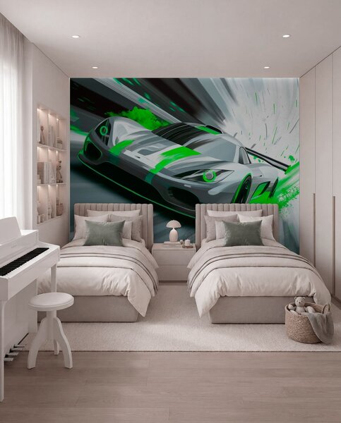 Fototapety dynamický sportovní vůz v digitálním kresebném stylu se zelenými akcenty, Tapety Unikátní, w05069v4 : uwalls.cz