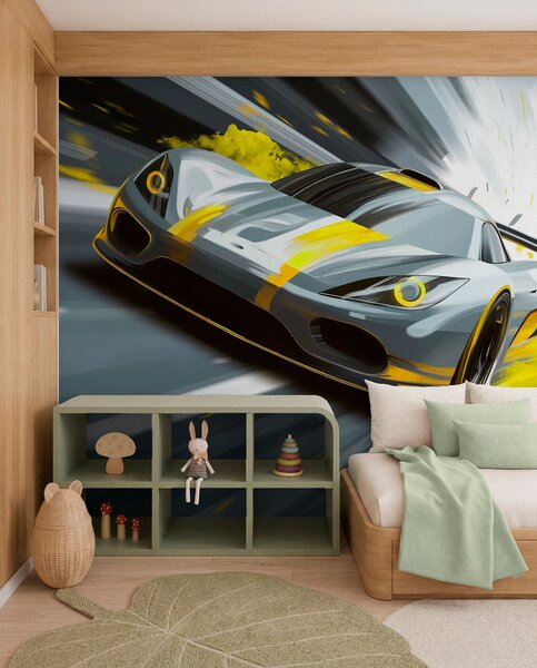 Fototapety dynamický sportovní vůz v digitálním kresebném stylu se žlutými akcenty, Tapety Unikátní, w05069v2 : uwalls.cz