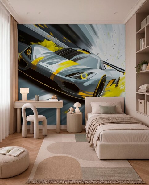 Fototapety dynamický sportovní vůz v digitálním kresebném stylu se žlutými akcenty, Tapety Unikátní, w05069v2 : uwalls.cz