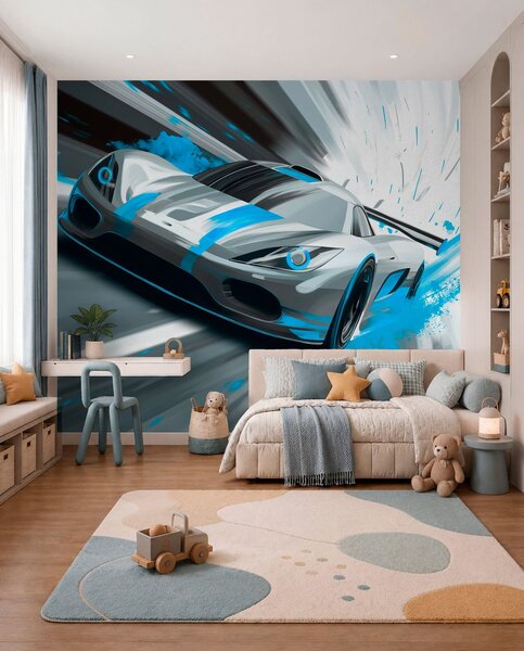 Fototapety dynamický sportovní vůz v digitálním kresebném stylu s tyrkysovými akcenty, Tapety Unikátní, w05069v3 : uwalls.cz