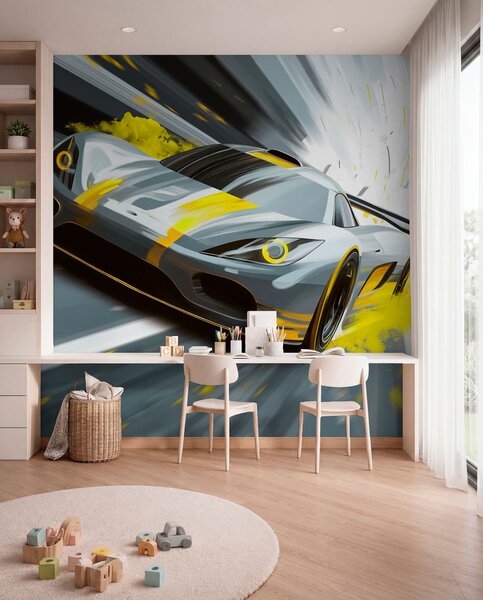 Fototapety dynamický sportovní vůz v digitálním kresebném stylu se žlutými akcenty, Tapety Unikátní, w05069v2 : uwalls.cz