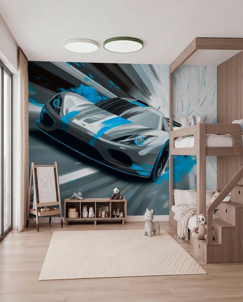 Fototapety dynamický sportovní vůz v digitálním kresebném stylu s tyrkysovými akcenty, Tapety Unikátní, w05069v3 : uwalls.cz
