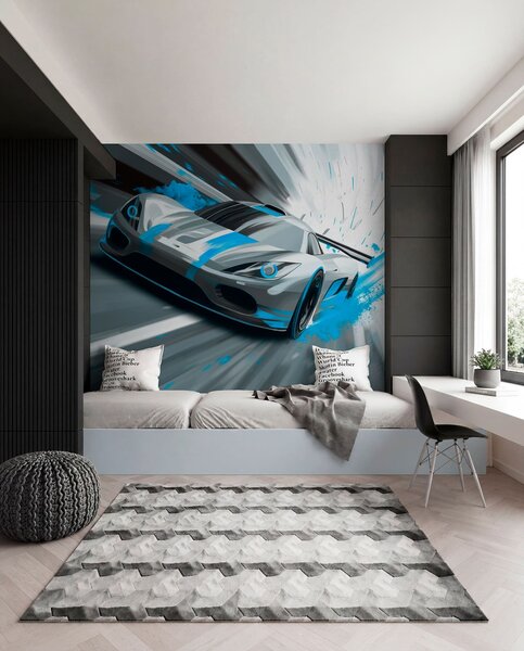 Fototapety dynamický sportovní vůz v digitálním kresebném stylu s tyrkysovými akcenty, Tapety Unikátní, w05069v3 : uwalls.cz