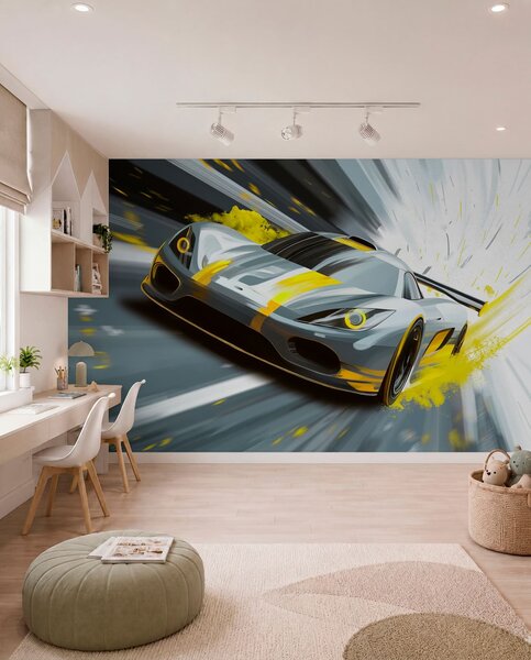 Fototapety dynamický sportovní vůz v digitálním kresebném stylu se žlutými akcenty, Tapety Unikátní, w05069v2 : uwalls.cz