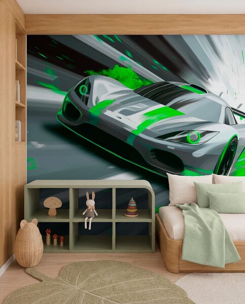 Fototapety dynamický sportovní vůz v digitálním kresebném stylu se zelenými akcenty, Tapety Unikátní, w05069v4 : uwalls.cz
