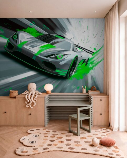 Fototapety dynamický sportovní vůz v digitálním kresebném stylu se zelenými akcenty, Tapety Unikátní, w05069v4 : uwalls.cz