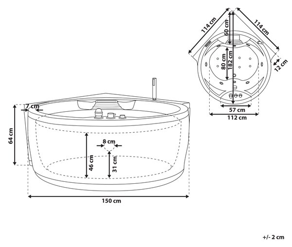 Rohová vířivá vana s LED osvětlením MILANO s reproduktorem Bluetooth 181 x 150 cm Bílá
