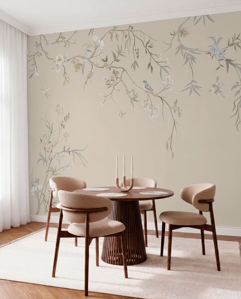 Fototapety Světlé květiny a ptáci na pastelovém pozadí, Fototapety květiny, w05127v2 : uwalls.cz