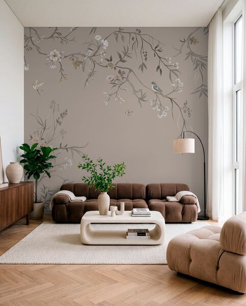 Fototapety Květinový ornament s ptáky na neutrálním pozadí, Fototapety květiny, w05127v3 : uwalls.cz