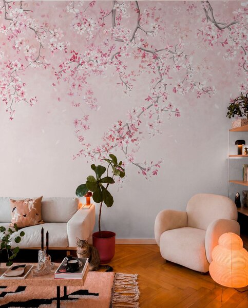 Fototapety Větve s růžovými květy na jemném pastelovém pozadí, Fototapety les, Fototapety stromy, w05129v1 : uwalls.cz