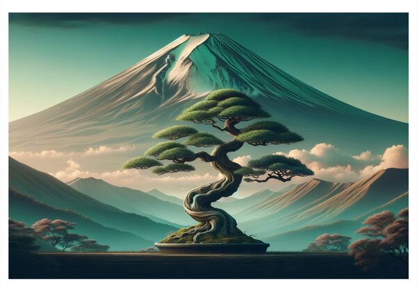Obraz bonsaj a hora v japonském stylu