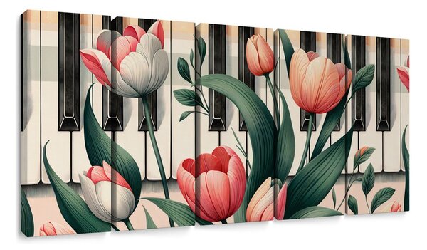 5-dílný obraz klavír a tulipány v květinové symfonii