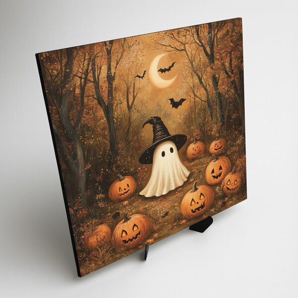 DUBLEZ | Halloween obraz ze dřeva - Duch a dýně | UV tisk, Premium