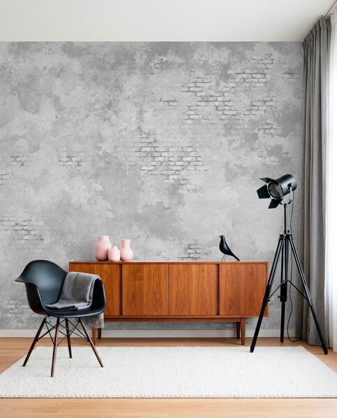 Fototapety Šedá omítka ve stylu grunge s prvky obnažených cihel, Fototapety Průmyslový styl, w05161v2 : uwalls.cz