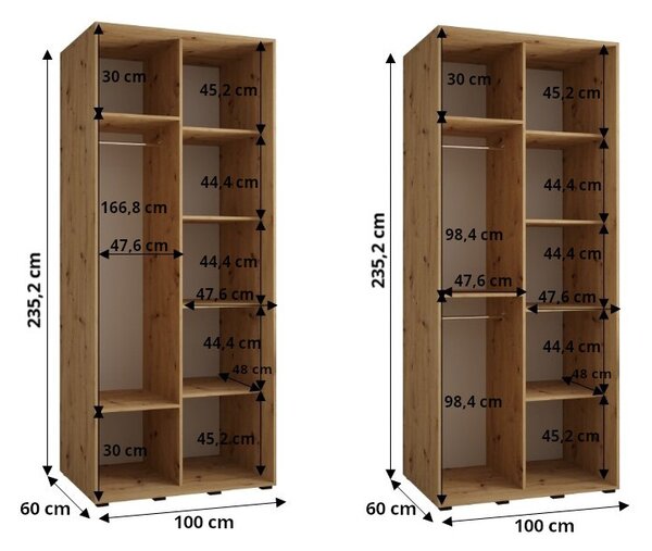 Šatní skříň s posuvnými dveřmi DAVOS 100cm | Černá / DUB Artisan / stříbrné